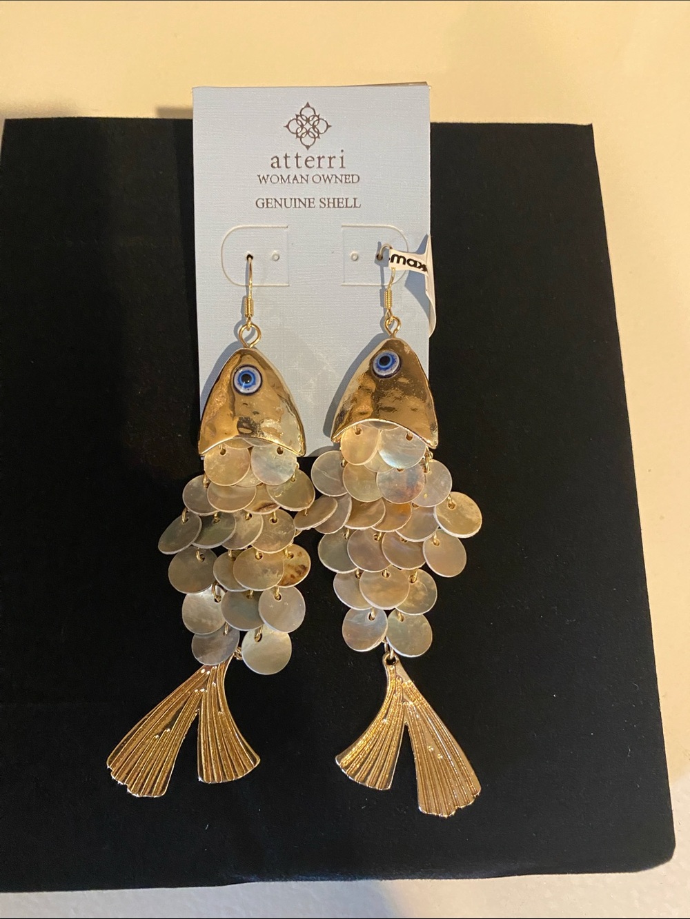 atterri Gold Fish-Scale Drop Earrings with Blue Eye Accent